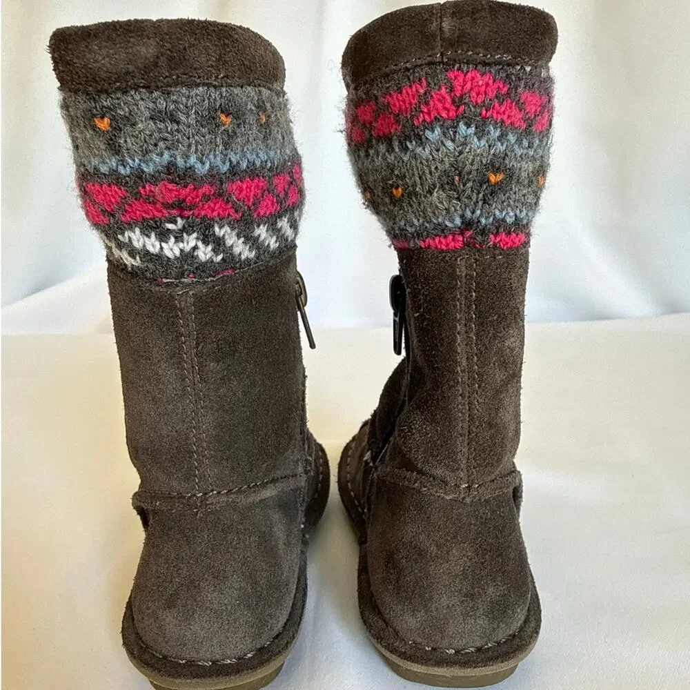 Clarks Faux Furr Lined Boots Gray Fair-Isle Knitted Cuff Snuggle Love Girls 8.5